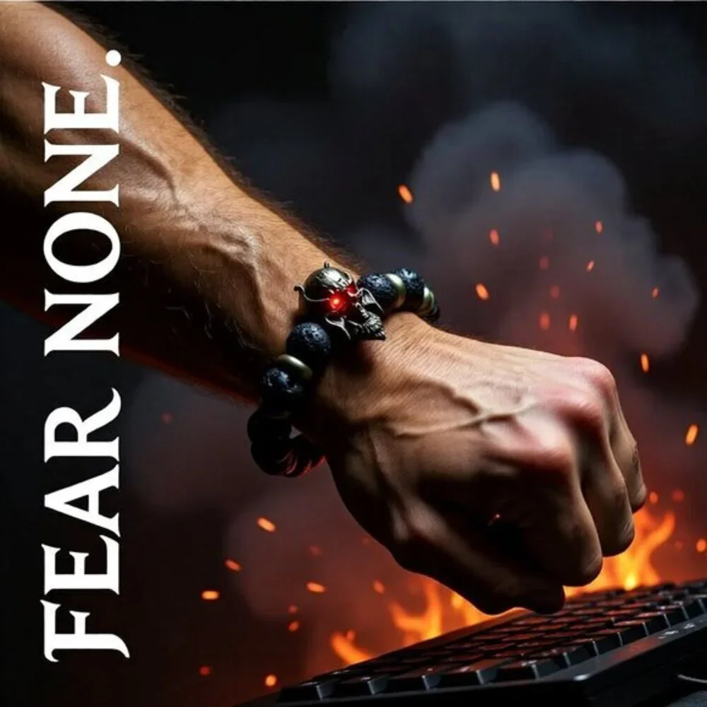 Alien Warrior Skull + Lava Rock Beads! Rugged Men's Bracelet! Biker Rocker Punk